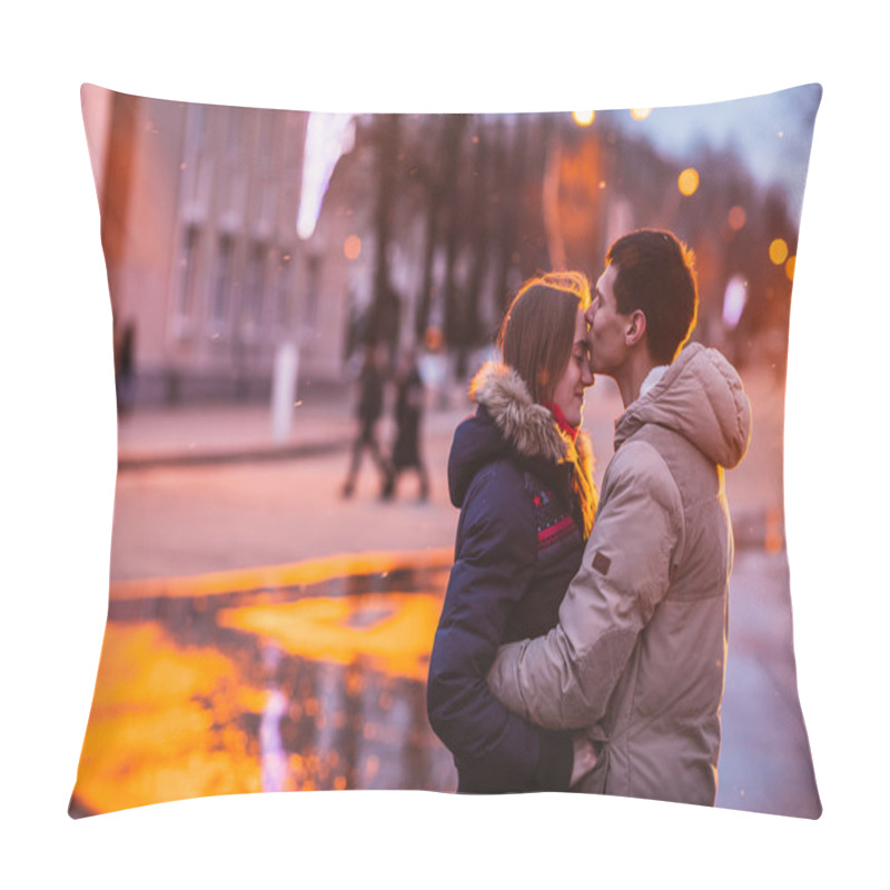 Personality  Portrait Of Young Beautiful Couple Kissing In An Autumn Rainy Day. Pillow Covers