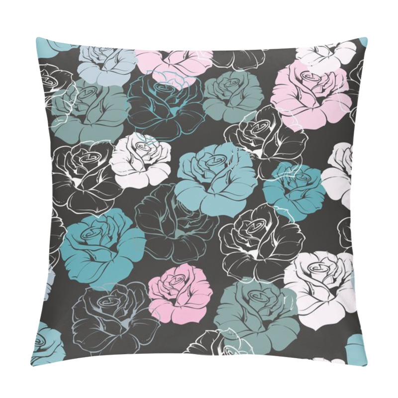 Personality  Seamless Floral Vector Pattern With Tile Blue, Green, White And Pink Retro Roses On Dark, Black Background. Beautiful Abstract Vintage Texture With Pink Flowers And Cute Background. Pillow Covers