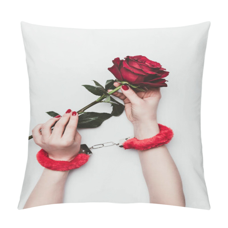 Personality  Female Hands In Red Fluffy Handcuffs Holding Rose Flower Isolated On White Pillow Covers