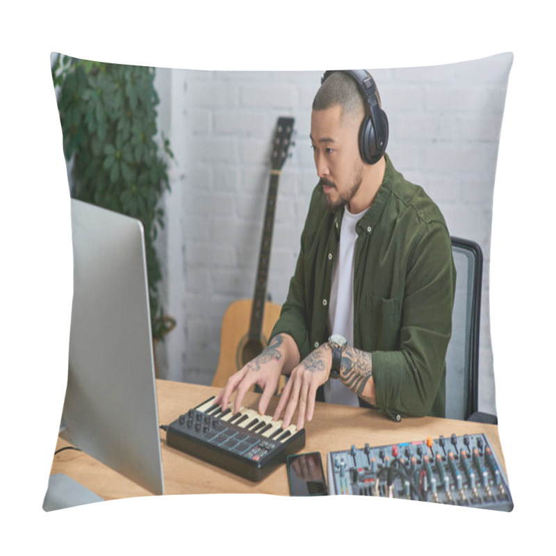 Personality  An Asian Man Plays A Midi Keyboard In His Studio, Surrounded By Musical Instruments. Pillow Covers