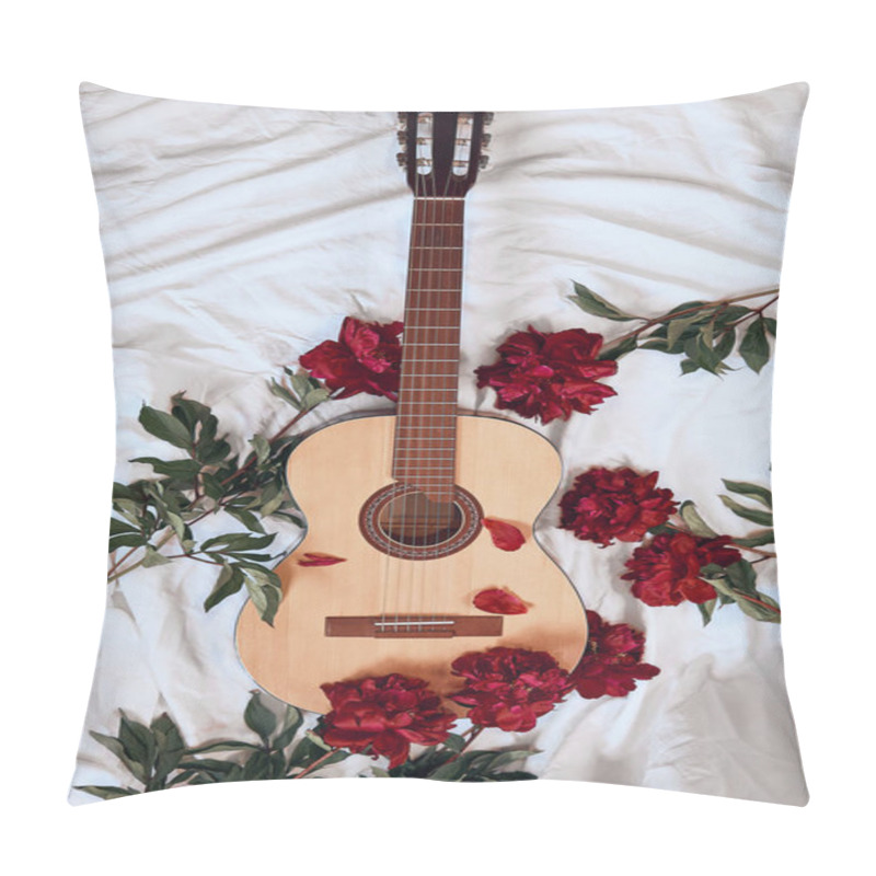 Personality  An Acoustic Wooden Guitar Lies On A White Sheet Surrounded By Red Peonies. Cover For Music Album, Music Concept, Guitar Playing, Romantic Serenade Pillow Covers