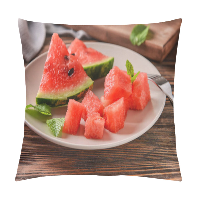 Personality  Plate With Sweet Watermelon Slices On Wooden Table Pillow Covers