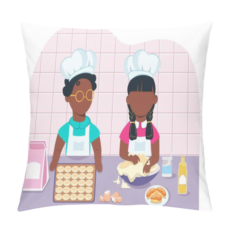 Personality  Ethnic Children Making Cookies Together In The Kitchen. Concept Of Learning, Communication, Hobbies, Cooking At Home Or At School.  Vector. Cartoon Drawing.  Characters In Flat Style. Pillow Covers