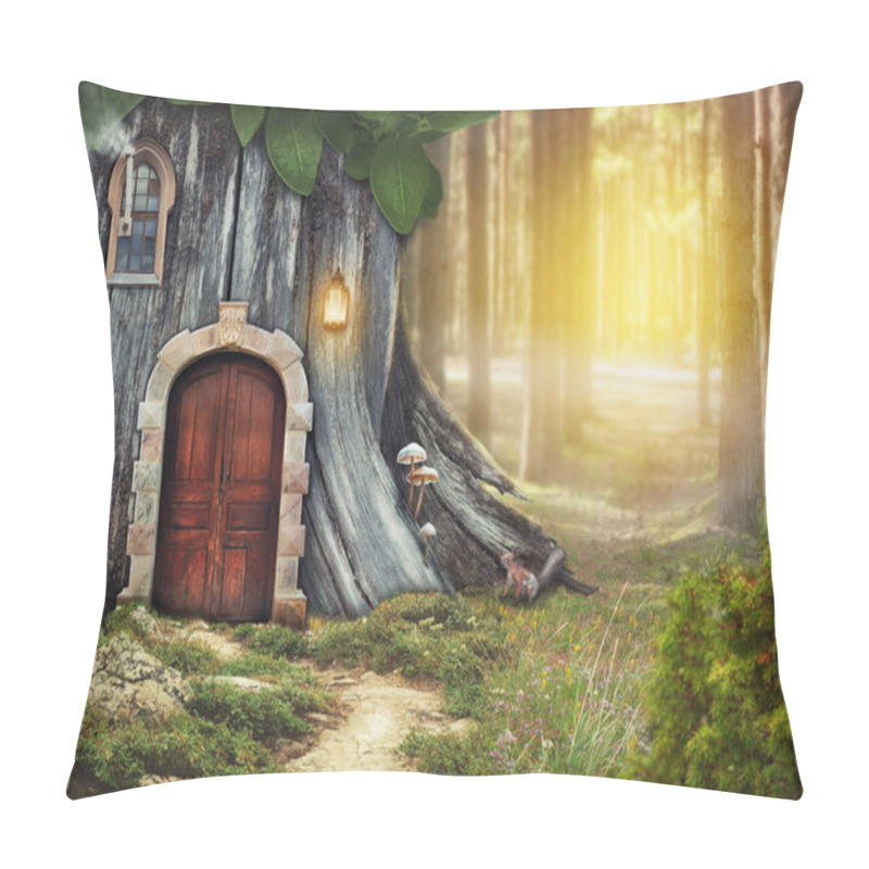 Personality  Fairy Tree House With Old Door In Fantasy Sunny Forest Pillow Covers