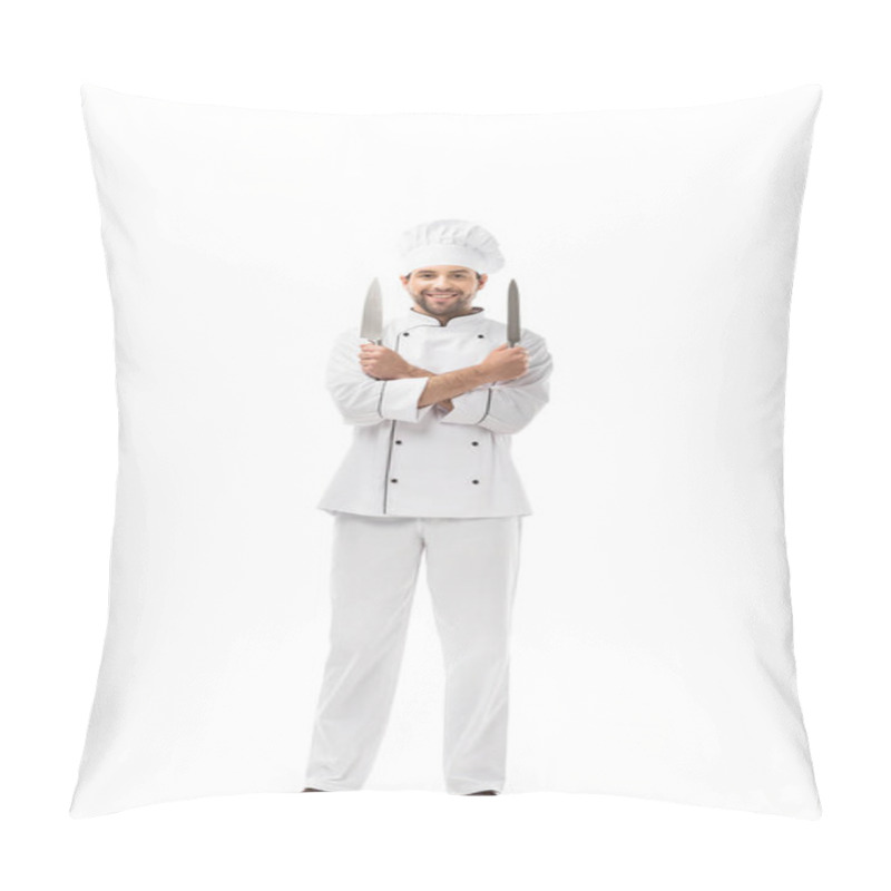 Personality  Handsome Young Chef Holding Knives In Crossed Arms And Smiling At Camera Isolated On White Pillow Covers