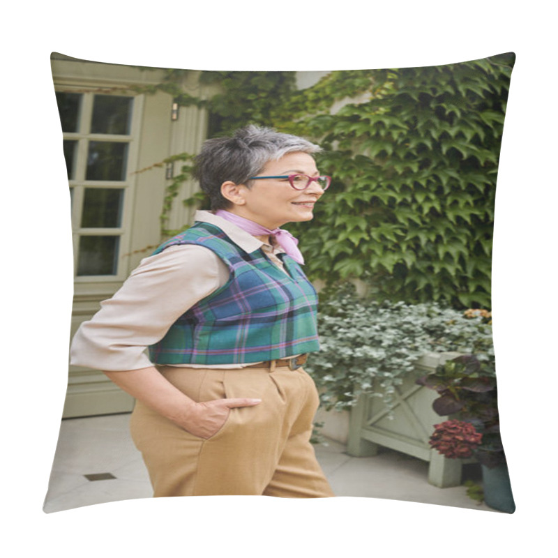 Personality  Cheerful Beautiful Debonair Woman With Glasses Posing With Hands In Pockets And Looking Away Pillow Covers