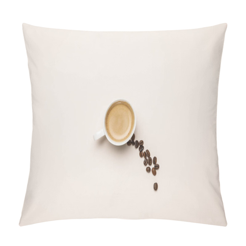 Personality  Top View Of Cup With Tasty Coffee Near Coffee Grains On Beige Background Pillow Covers