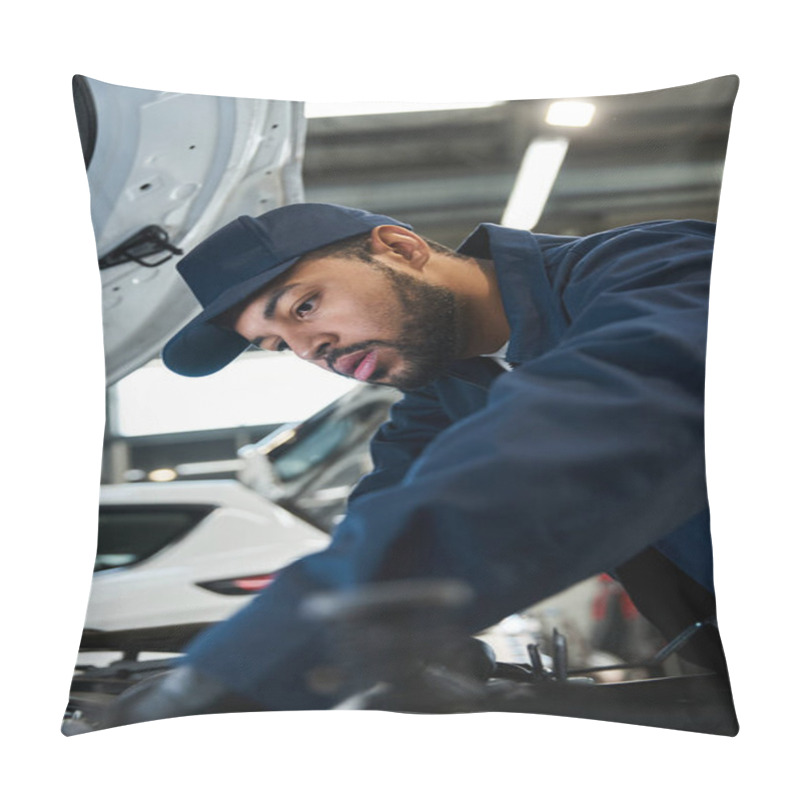 Personality  Handsome Mechanic Focuses On Repairs In A Well Lit, Modern Garage During Daylight Hours. Pillow Covers