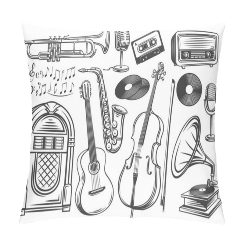 Personality  Musical Instruments And Symbols Outline. Microphone, Record, Cassette, Radio, Saxophone And Gramophone. Sheet Music, Jukebox, Cello, Trumpet And Guitar Retro Style. Vector Illustration. Pillow Covers