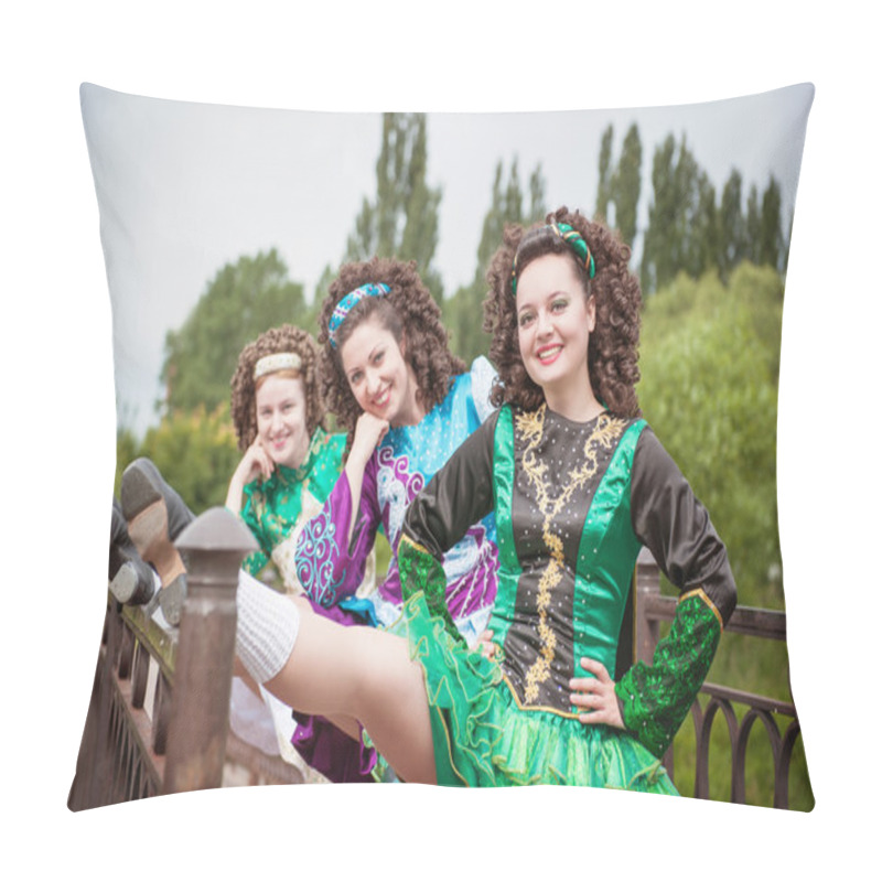 Personality  Three Young Beautiful Girls In Irish Dance Dress And Wig Posing  Pillow Covers