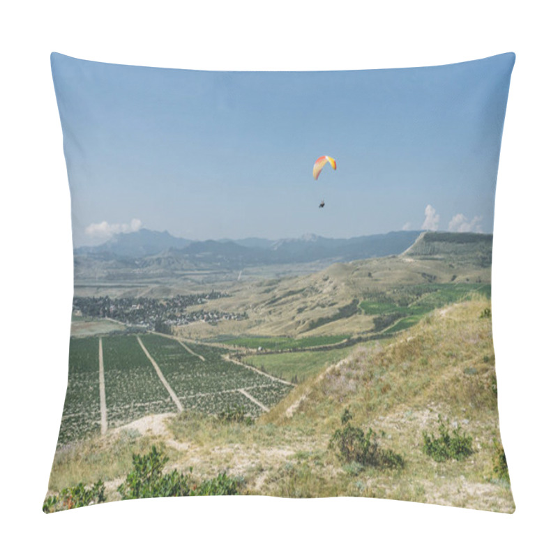 Personality  Parachutist Gliding In Blue Sky Over Scenic Landscape Of Crimea, Ukraine, May 2013 Pillow Covers