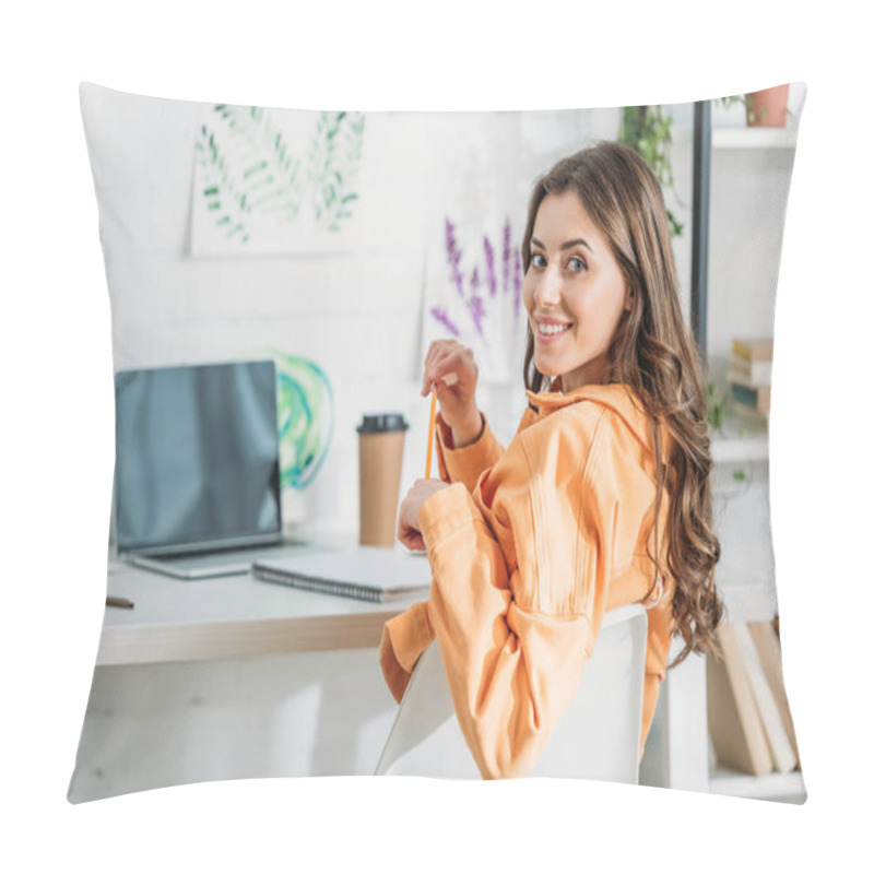 Personality  Cheerful Girl Smiling At Camera While Sitting At Desk Near Laptop With Blank Screen Pillow Covers