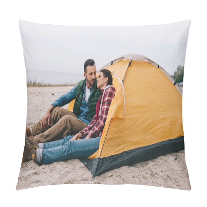 Personality  Side View Of Couple Sitting In Camping Tent On Sandy Beach Pillow Covers