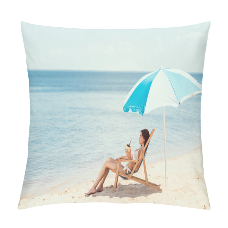 Personality  Beautiful Girl In Bikini With Coconut Cocktail Resting On Deck Chair Under Beach Umbrella Near Sea Pillow Covers