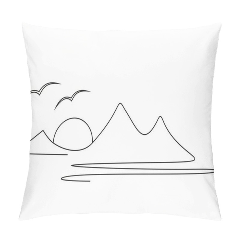 Personality  Landscape, One Stroke Drawing, Mountain, Lake, Sun And Birds, Vector Illustration, Line Art Pillow Covers