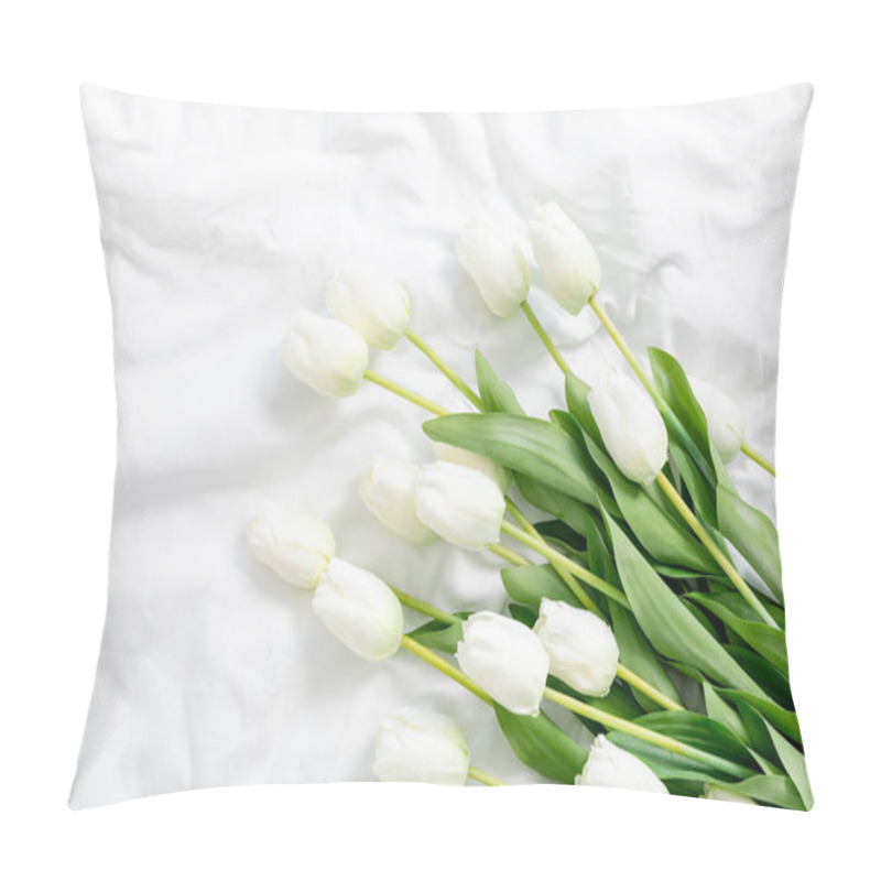 Personality  Fresh White Tulips With Vibrant Green Stems And Leaves Arranged Against A Pristine White Background. The Elegant Spring Flowers Create A Minimalist Composition With Their Pure, Delicate Petals. Pillow Covers