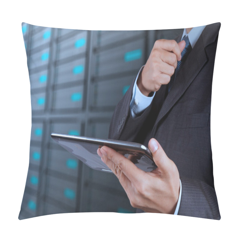 Personality  Businessman Hand Using Tablet Computer And Server Room Pillow Covers