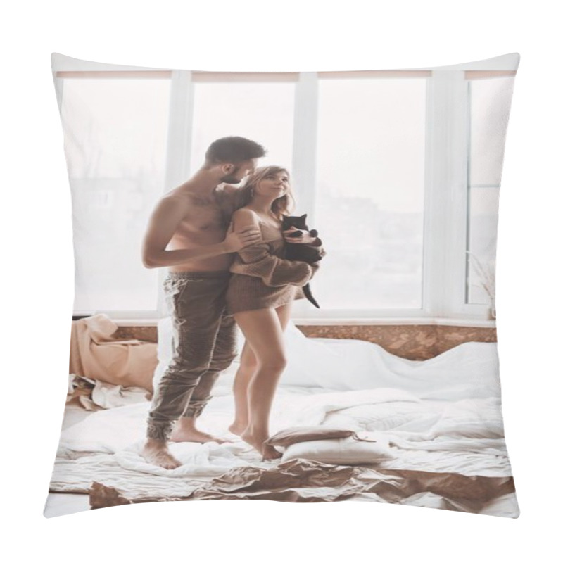 Personality  Stay At Home Awareness Social Media Campaign And Coronavirus Prevention. Happy Loving Couple Play With Her Kitten At Home   Pillow Covers