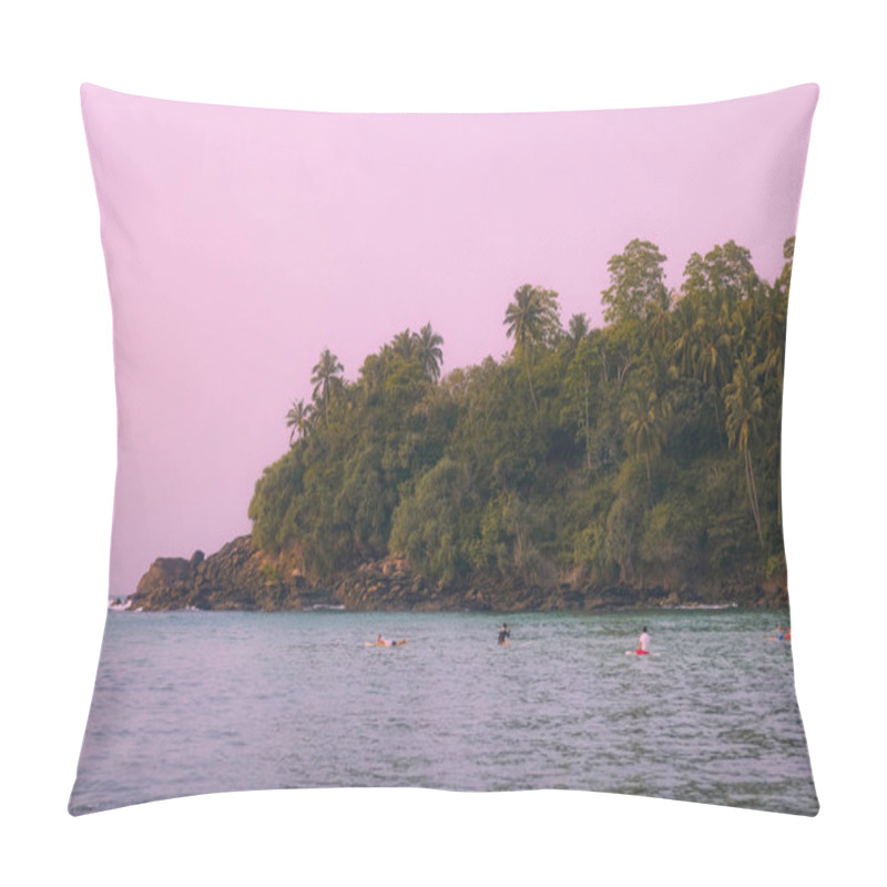 Personality  Tropical Beach Skyline With Seascape, Island, And Palm Trees. Wonderful Sunny Summer Photo. Stunning Pink Skies And Surfers Catching Waves In The Distance. Ideal For Travel Brochures, Websites, And Pillow Covers