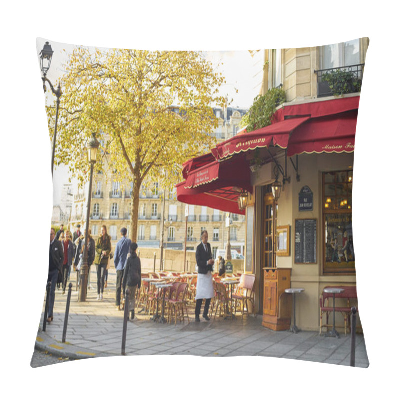 Personality  PARIS, FRANCE - NOVEMBER 10, 2019: French Cafe Exterior Viewed From Street                                Pillow Covers