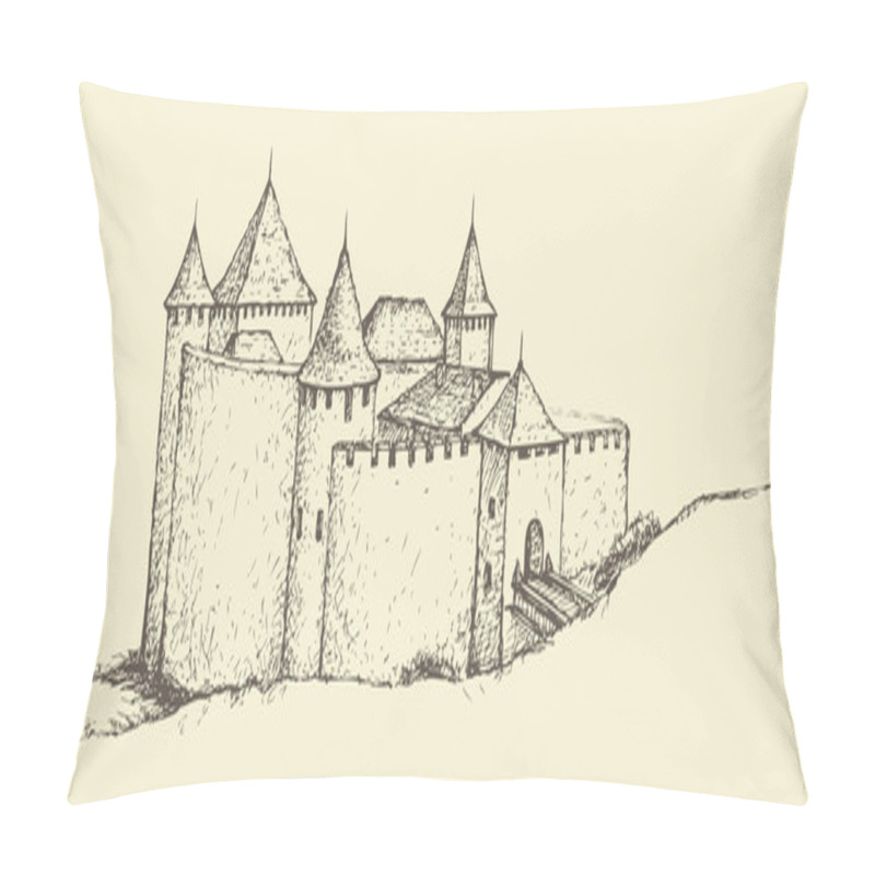 Personality  Khotyn Fortress, Ukraine. Vector Sketch Pillow Covers