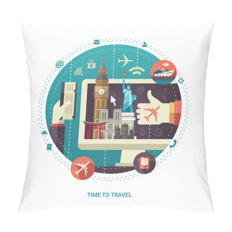 Personality  Flat Design Travel Composition With World Famous Landmarks On  Display Pillow Covers