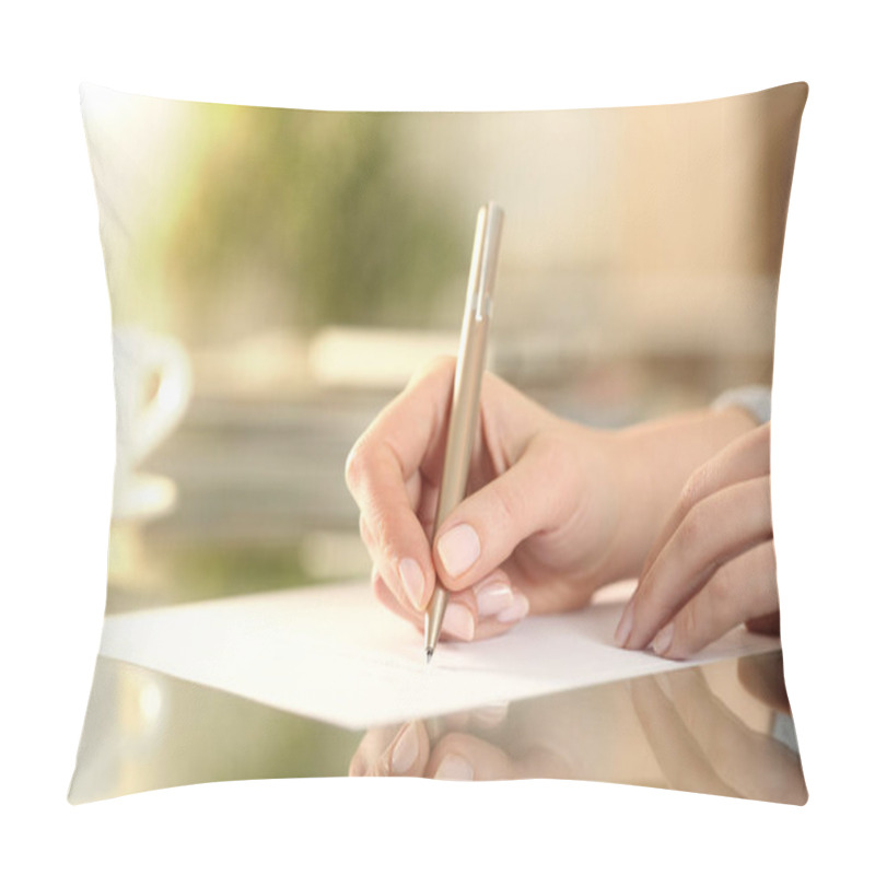 Personality  Close Up Of Woman Hand Writing On A Paper On A Desk At Home Pillow Covers