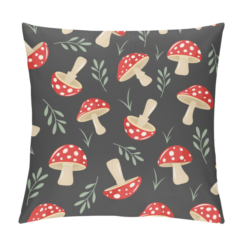 Personality  Vector Seamless Pattern With Hand Drawn Cartoon Flat Mushrooms On Black Background. Amanita Muscaria, Fly Agaric Illustration, Mushrooms Collection. Magic Mushroom Symbol, Design Template. Pillow Covers