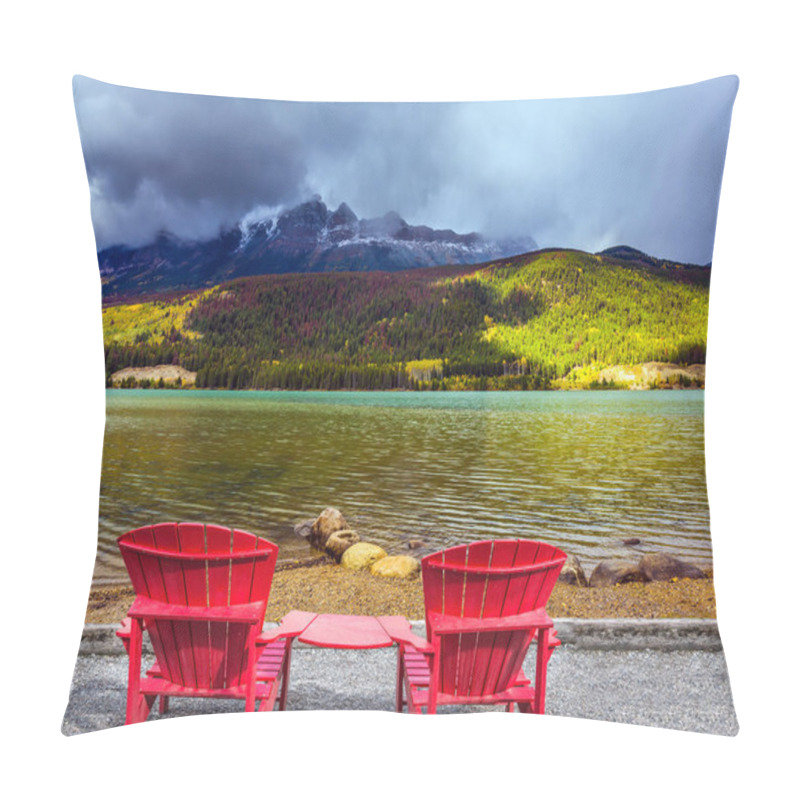 Personality  Comfortable Red Deck Chairs Stand Over The Lake. Thunderclouds Swirl In The Sky. Scenic Autumn In The Rockies Of Canada. Concept Of Ecological, Active And Photo-tourism Pillow Covers