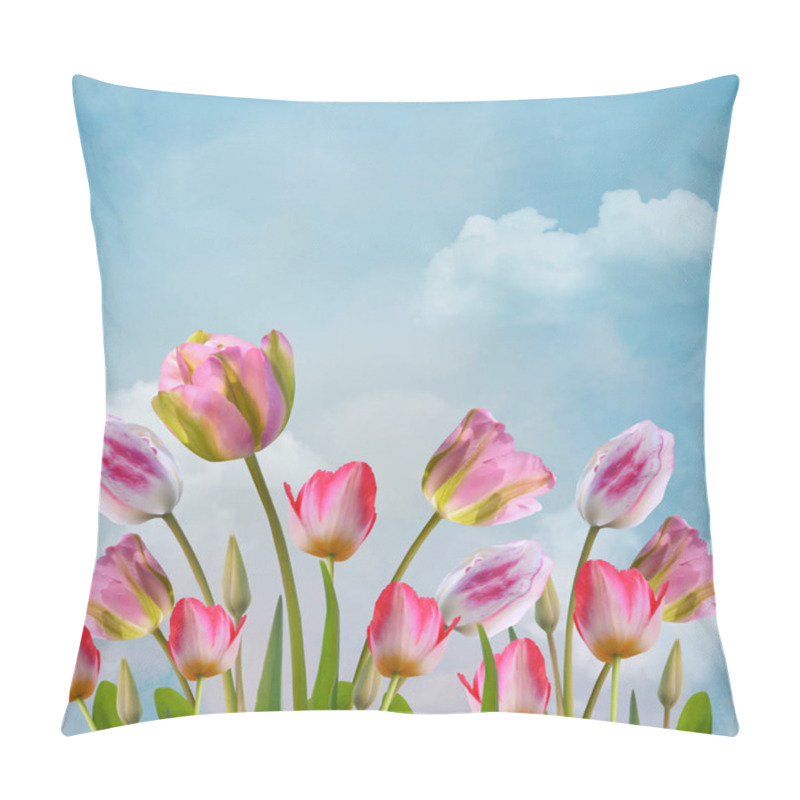 Personality  Spring And Summer Flowers Collection  Beautiful Tulips In A Blue Sky Scenery Pillow Covers