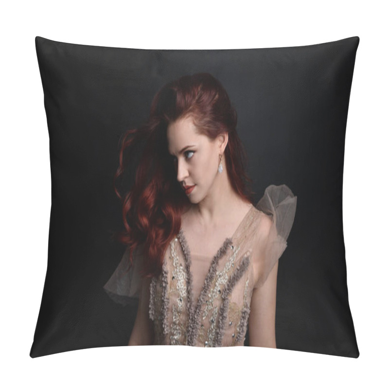 Personality  Close Up Portrait Of Red Haired  Girl Wearing A Creamy Fantasy Gown Like A Fairy Goddess Costume.  Isolated On Dark Studio Background. Pillow Covers