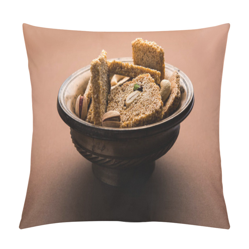 Personality  Gajak Or Til Papdi Or Patti Is A Dry Sweet Cake - Made Of Sesame Seeds, Ground Nuts And Jaggery, Consumed In Indian Winter Especially During Makar Sankranti Festival On 14th January Pillow Covers