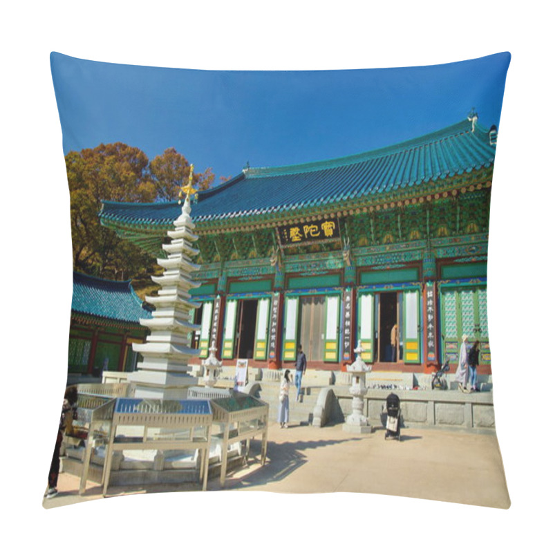 Personality  Yangyang County, South Korea - November 3rd, 2024: A Serene Scene Of The Stone Pagoda Standing In Front Of The Colorful Botajeon Hall At Naksansa Temple, Surrounded By Autumn Foliage. Pillow Covers