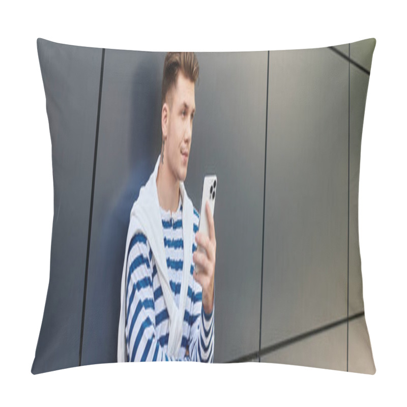 Personality  A Stylish Young Man With A Prosthetic Leg Leans Against A Sleek Wall, Absorbed In His Phone. Pillow Covers