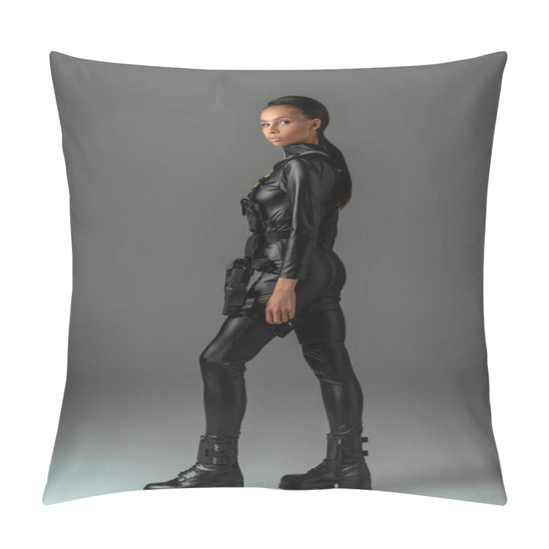 Personality  Side View Of Young Attractive Futuristic African American Woman On Grey Pillow Covers