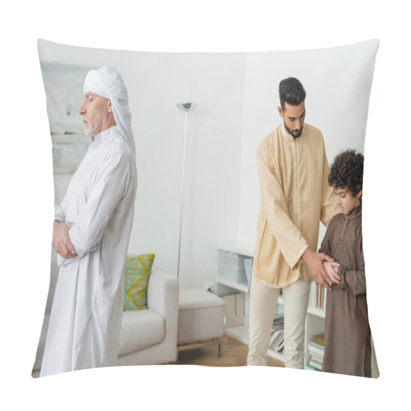 Personality  Arabian Man Teaching Son While Mature Father Praying At Home  Pillow Covers