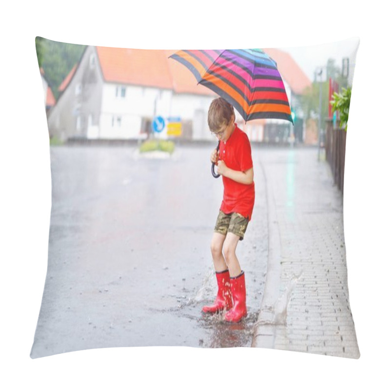 Personality  Kid Boy Wearing Red Rain Boots And Walking With Umbrella Pillow Covers