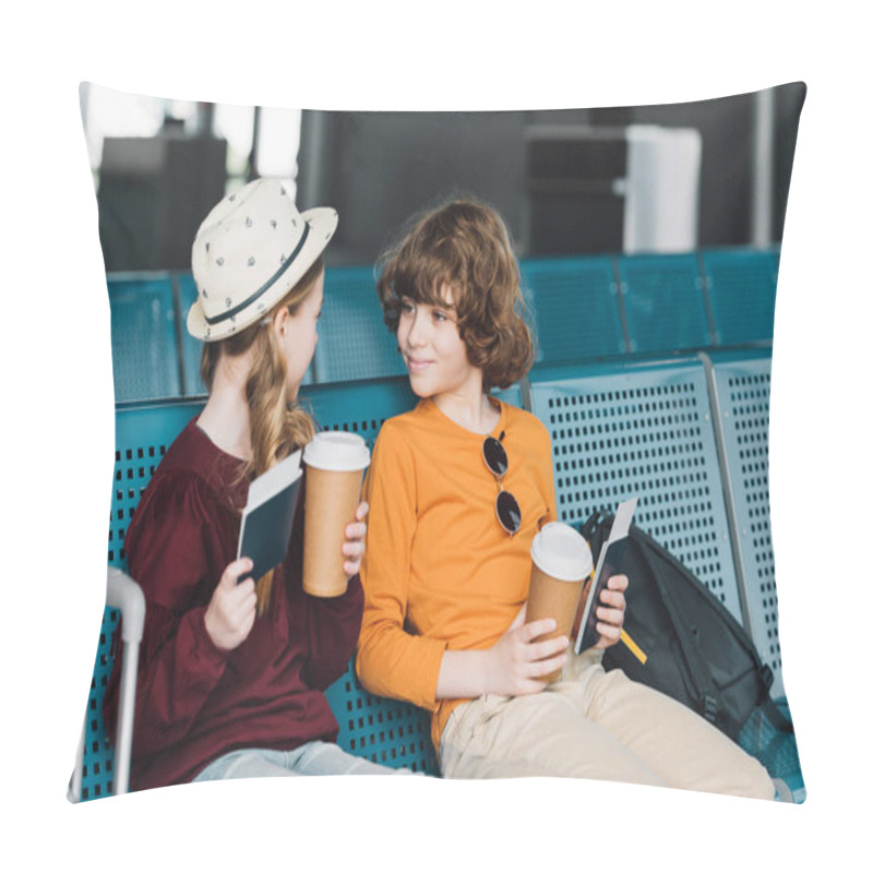 Personality  Cute Preteen Kids Sitting In Waiting Hall With Coffee To Go And Passports Pillow Covers