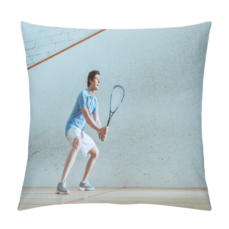 Personality  Full Length View Of Concentrated Sportsman In Blue Polo Shirt Playing Squash Pillow Covers