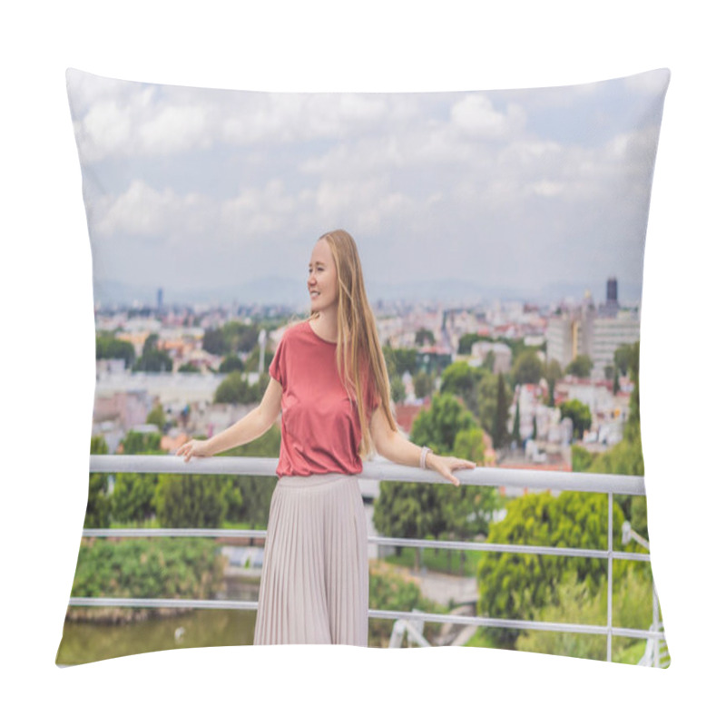 Personality  Female Tourist In Front Of The Panoramic View Of Puebla City, Mexico. Travel, Cultural Exploration, And Scenic Landscape Concept. Pillow Covers