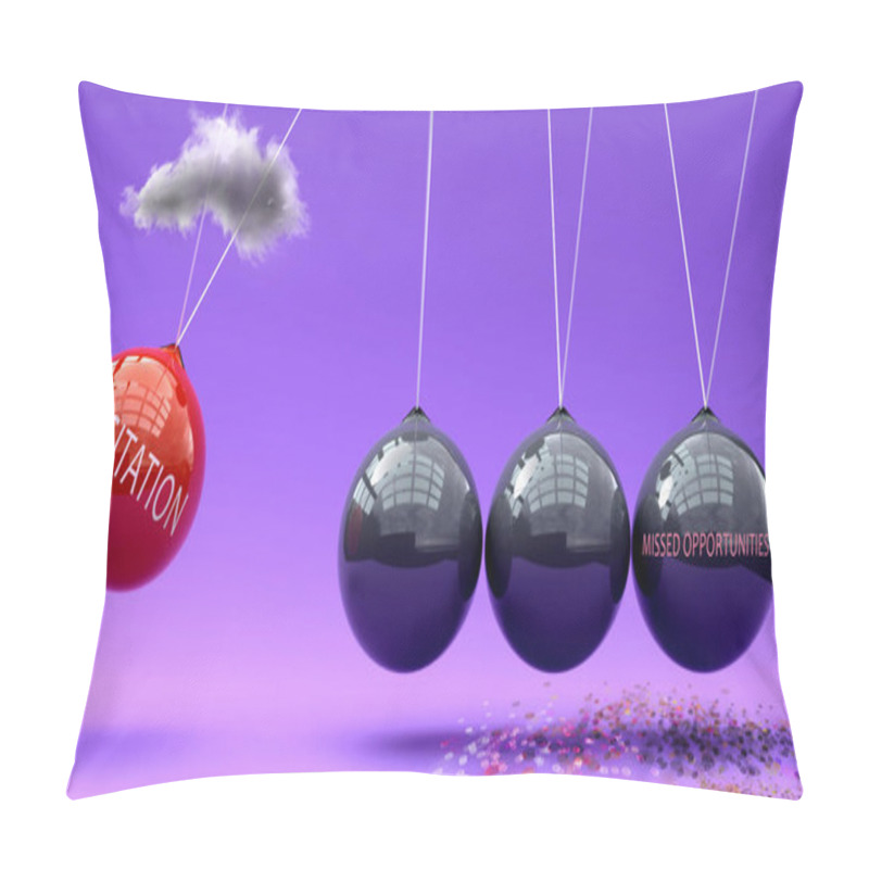 Personality  Hesitation Leads To Missed Opportunities. A Newton Cradle Metaphor Showing How Hesitation Triggers Missed Opportunities. Cause And Effect Relation Between Them. Vicious Cycle Pillow Covers