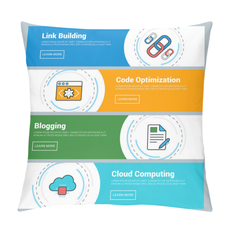 Personality  Flat Design Concept. Set Of Vector Web Banners. Link Building, Code Optimization, Blogging, Cloud Computing Pillow Covers