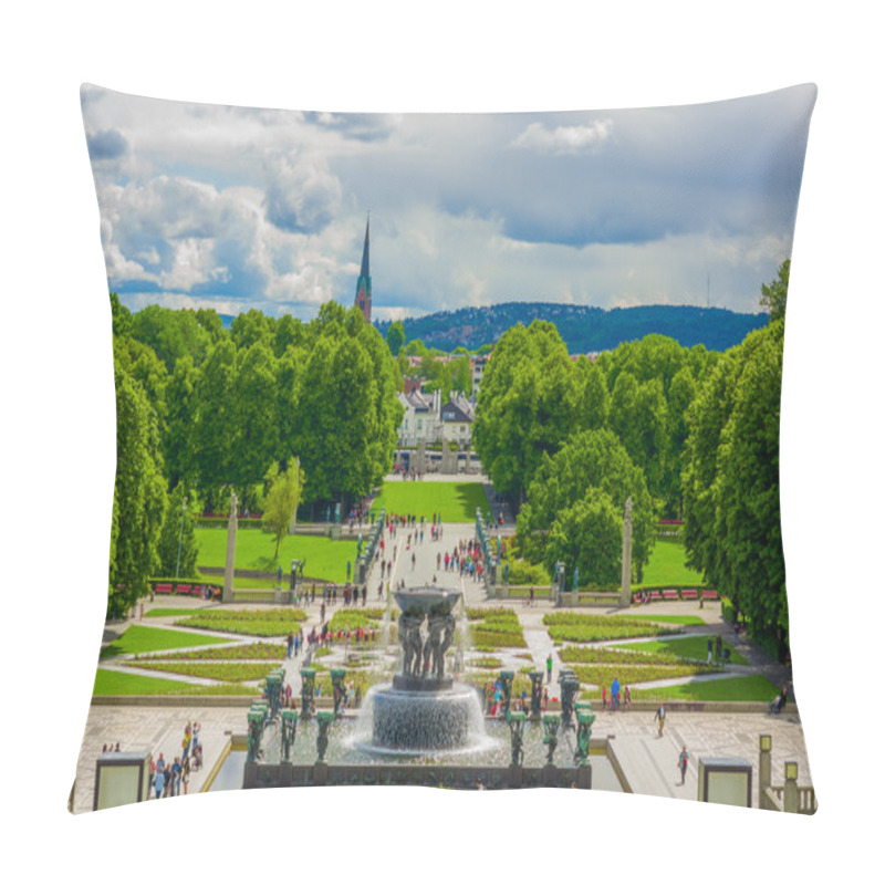 Personality  OSLO, NORWAY - 8 JULY, 2015: Big Beautiful Waterfall Fountain Located In Vigelandsparken Sorrounded By Charming Pathways And Green Vegetation, Shot From Slightly Above Angle Pillow Covers