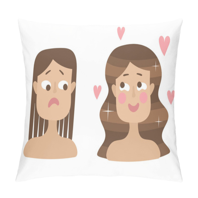 Personality  Two Girls.One Thin Hair, One With Long And Thick Hair. Brunettes. Emotions, Joy And Sadness. Flying Hearts. Flat Vector On White Background Pillow Covers