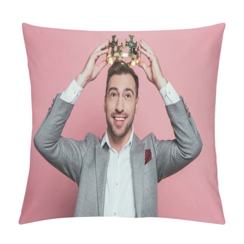 Personality  Cheerful Bearded Man Wearing Crown And Suit, Isolated On Pink Pillow Covers