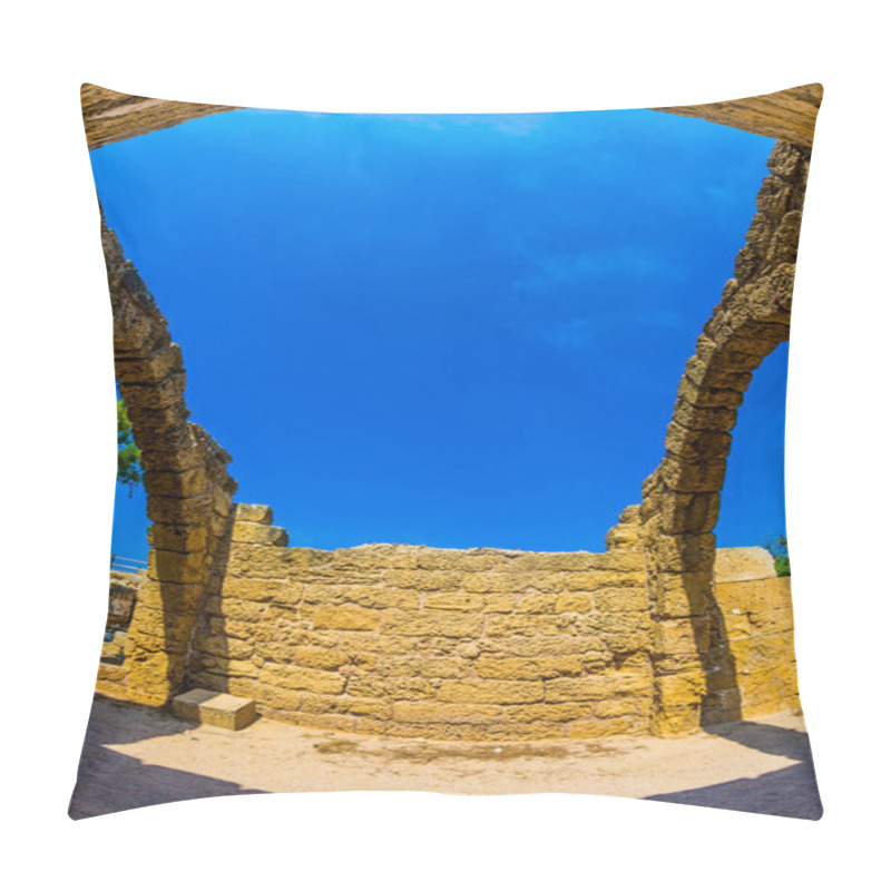 Personality  Excursion To The Archaeological Park. Ruins Of Ancient Caesarea Against The Background Of The Blue Southern Sky. The Concept Of Phototourism Pillow Covers