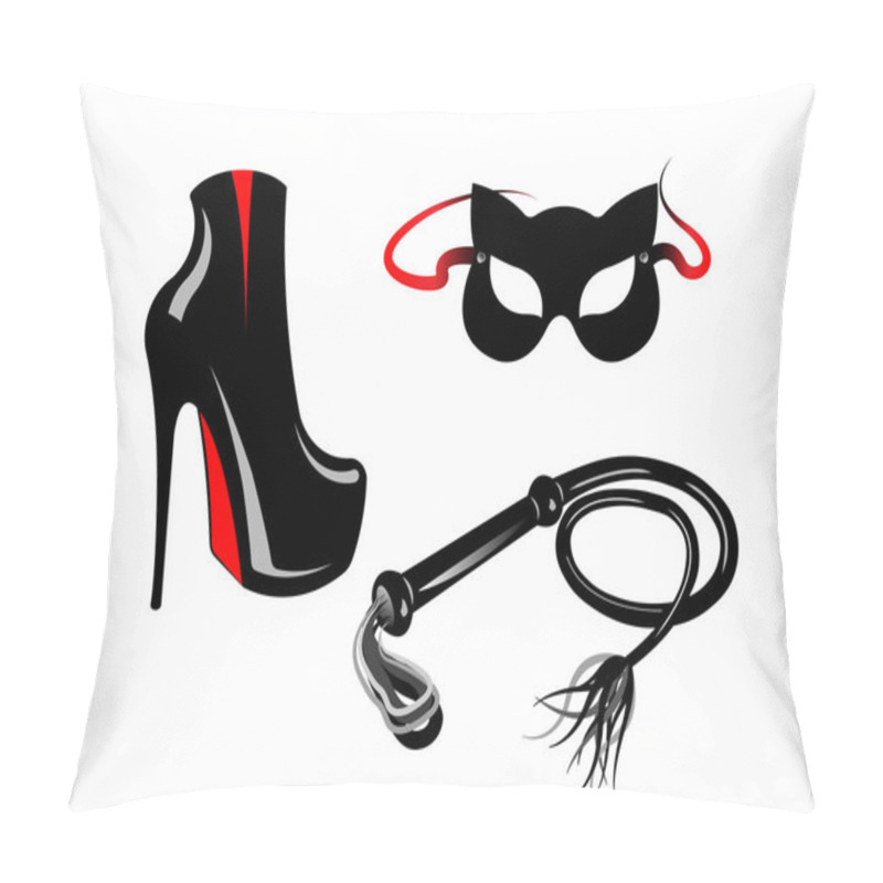 Personality  Fetish And Bondage Stuff For Role Playing And BDSM: High Heels Shoes, Leather Whip And Cat Mask, Play Set Fetish, Vector Isolated Or White Background  Pillow Covers