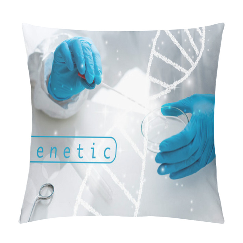 Personality  Cropped View Of Scientist Doing Dna Test And Sitting Near Dna Illustration  Pillow Covers