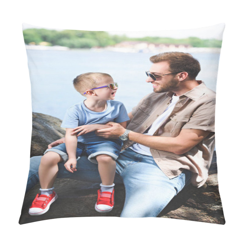 Personality  Happy Father And Son Looking At Each Other On Stones Near River Pillow Covers