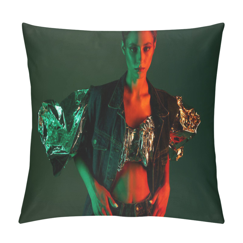 Personality  Woman In Studio Wearing Silver Top And Denim Jacket, Lit With Green And Red Pillow Covers